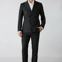 Siyah 7 Drop Slim Fit Sivri Yaka Çizgili Kruvaze Kapama Takım Elbise