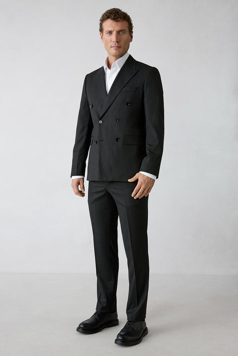 Siyah 7 Drop Slim Fit Sivri Yaka Çizgili Kruvaze Kapama Takım Elbise