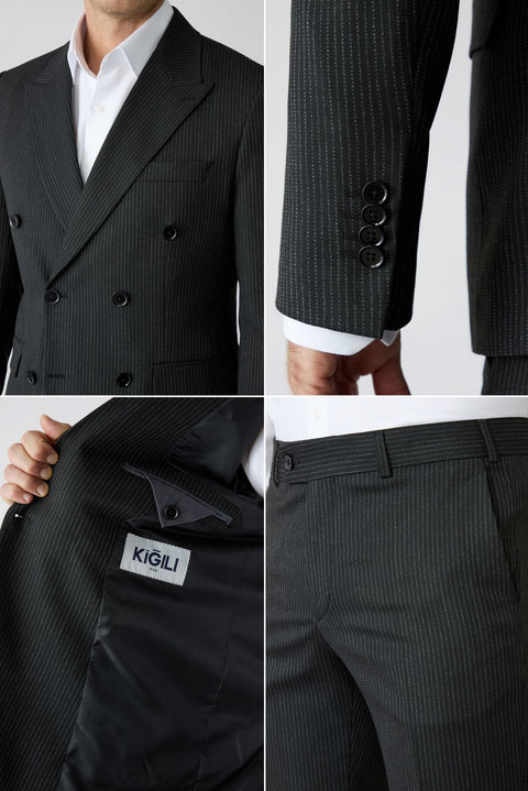 Siyah 7 Drop Slim Fit Sivri Yaka Çizgili Kruvaze Kapama Takım Elbise