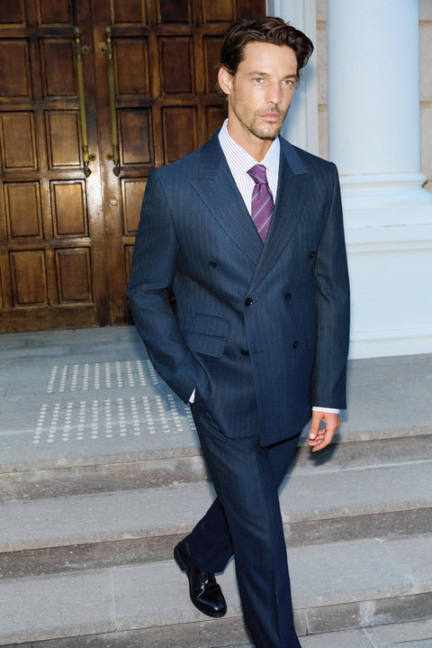 Dark Navy 7 Drop Slim Fit Peak Lapel Striped Double-Breasted Suit