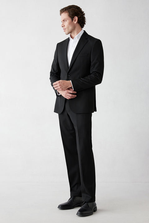 Black 6 Drop Regular Fit Standard Cut Mono Lapel Stretchy Plain Suit