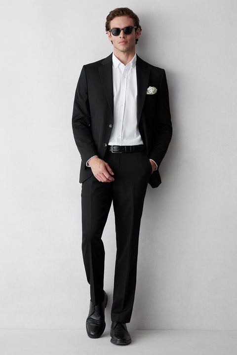 Black 6 Drop Regular Fit Standard Cut Mono Lapel Stretchy Plain Suit
