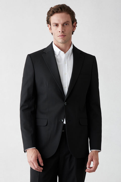 Black 6 Drop Regular Fit Standard Cut Mono Lapel Stretchy Plain Suit