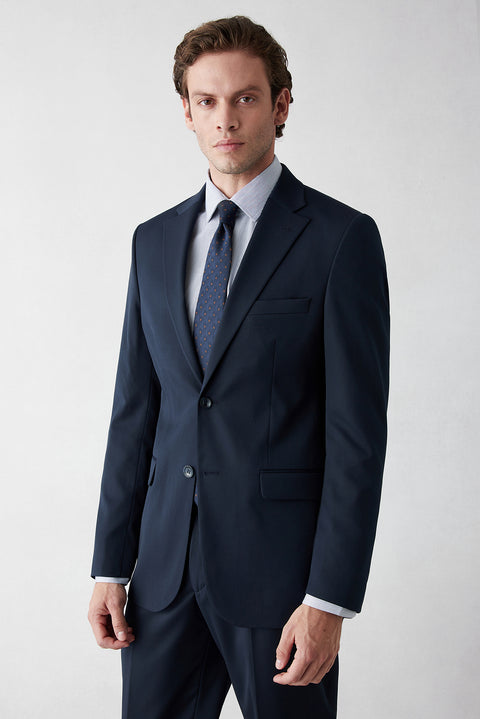 Dark Navy 6-Drop Regular Fit Standard Cut Mono Lapel Lycra Plain Suit