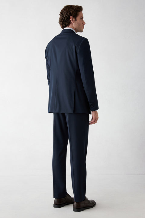 Dark Navy 6-Drop Regular Fit Standard Cut Mono Lapel Lycra Plain Suit