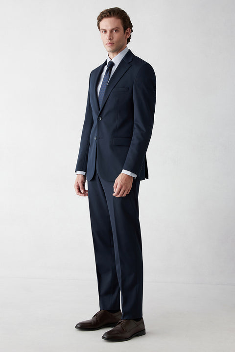 Dark Navy 6-Drop Regular Fit Standard Cut Mono Lapel Lycra Plain Suit