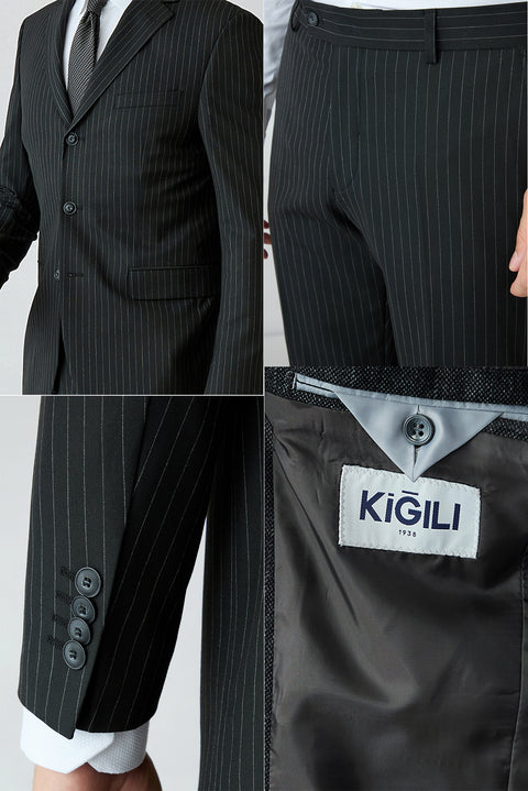 Siyah 6 Drop Regular Fit Standart Kesim Çizgili Mono Yaka Likralı Takım Elbise