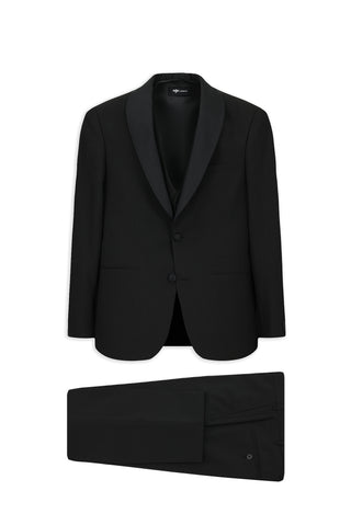 Siyah 7 Drop Slim Fit Dar Kesim Şal Yaka Yelekli Smokin & Damatlık
