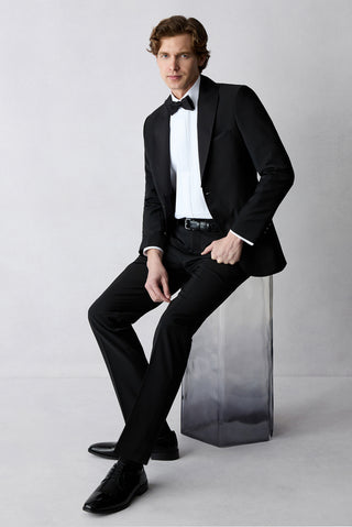 Siyah 7 Drop Slim Fit Dar Kesim Şal Yaka Yünlü Smokin & Damatlık