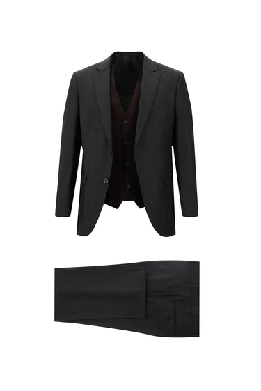 Koyu Füme Slim Fit Dar Kesim Kombinli Yelekli Takım Elbise