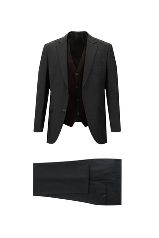Koyu Füme 7 Drop Slim Fit Dar Kesim Kombinli Yelekli Takım Elbise