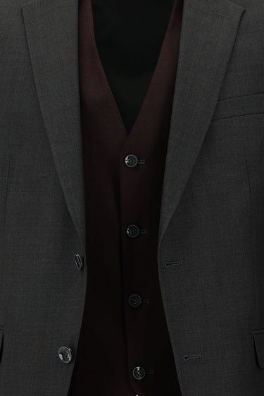 Koyu Füme Slim Fit Dar Kesim Kombinli Yelekli Takım Elbise