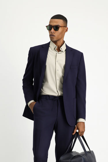 Koyu Lacivert Slim Fit Dar Kesim Beli Lastikli İpli Takım Elbise