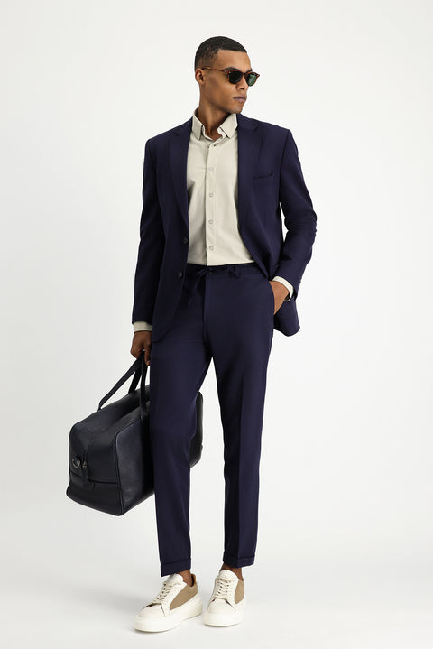 Koyu Lacivert 7 Drop Slim Fit Dar Kesim Beli Lastikli İpli Takım Elbise