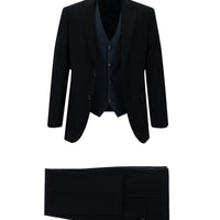 Siyah Lacivert 7 Drop Slim Fit Dar Kesim Kombinli Yelekli Takım Elbise