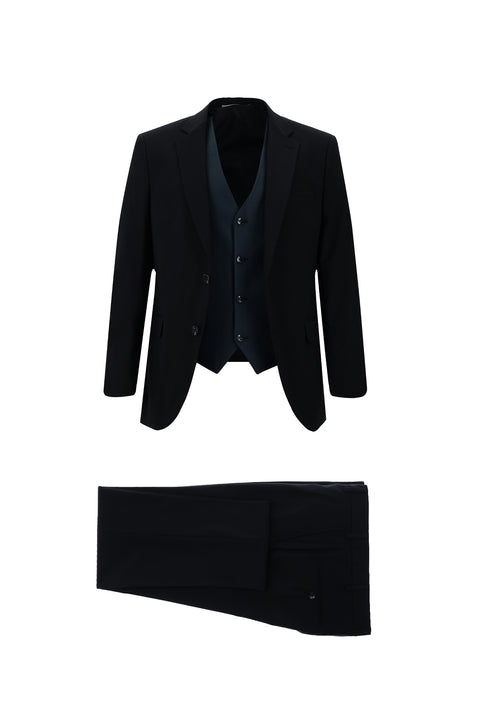 Siyah Lacivert 7 Drop Slim Fit Dar Kesim Kombinli Yelekli Takım Elbise