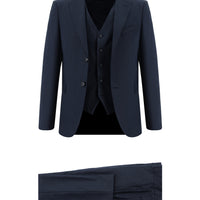 Koyu Lacivert Slim Fit Dar Kesim Yelekli Kombinli Takım Elbise