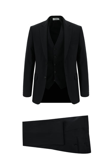 Siyah Slim Fit Dar Kesim Klasik Yelekli Takım Elbise