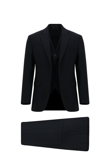 Siyah Lacivert Slim Fit Dar Kesim Klasik Yelekli Takım Elbise