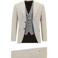 Açık Bej 7 Drop Slim Fit Dar Kesim Yelekli Kombinli Takım Elbise