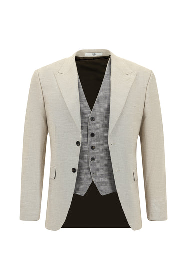 Açık Bej Slim Fit Dar Kesim Yelekli Kombinli Takım Elbise