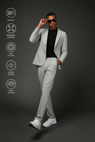 Açık Gri Techno-Line Super Slim Fit Ekstra Dar Kesim Klasik Takım Elbise