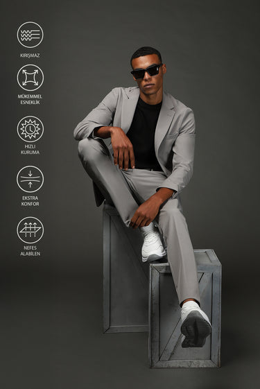Açık Füme Techno-Line Super Slim Fit Ekstra Dar Kesim Klasik Takım Elbise