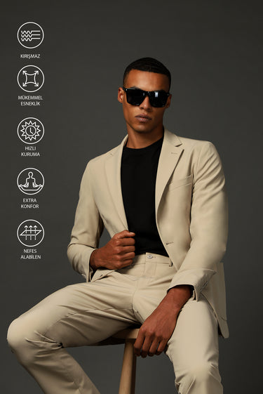 Orta Bej Techno-Line Super Slim Fit Ekstra Dar Kesim Klasik Takım Elbise