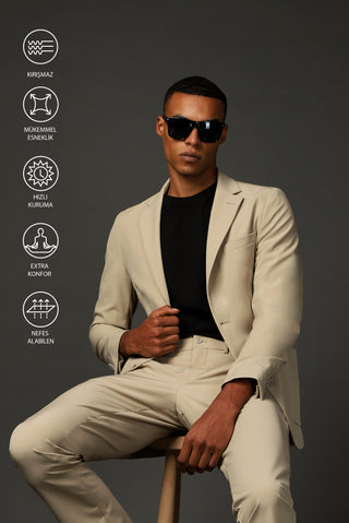 Orta Bej Techno-Line 7 Drop Super Slim Fit Eksra Dar Kesim Takım Elbise