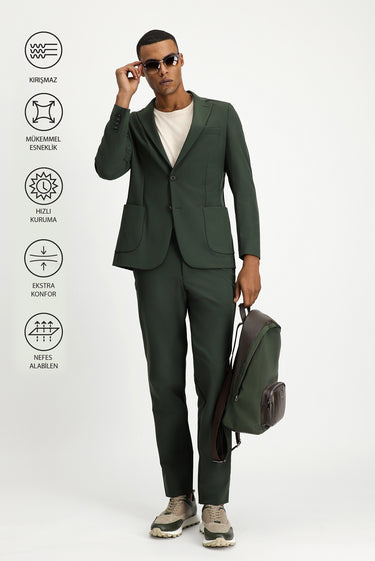 Koyu Yeşil Techno-Line Super Slim Fit Ekstra Dar Kesim Klasik Takım Elbise