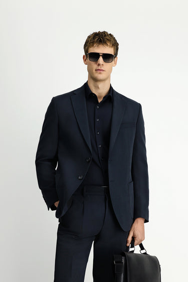 Siyah Regular Fit Beli Lastikli Modal Karışımlı Takım Elbise