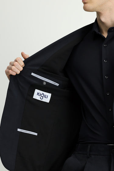Siyah Regular Fit Beli Lastikli Modal Karışımlı Takım Elbise