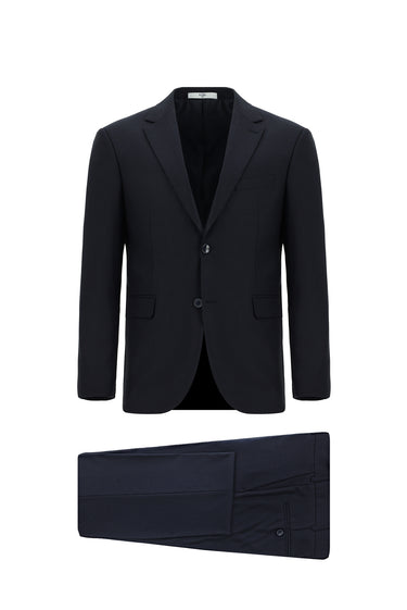 Koyu Lacivert Slim Fit Dar Kesim Yünlü Klasik Takım Elbise