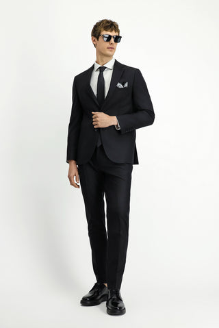 Siyah 7 Drop Slim Fit Dar Kesim Beli Lastikli Yünlü Takım Elbise