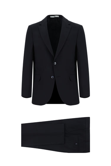 Koyu Lacivert Slim Fit Dar Kesim Yünlü Klasik Takım Elbise