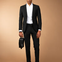 Siyah Slim Fit Dar Kesim Yünlü Klasik Takım Elbise