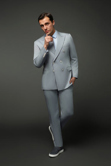 Bulut Gri Slim Fit Dar Kesim Pamuklu Lyocell Kruvaze Takım Elbise