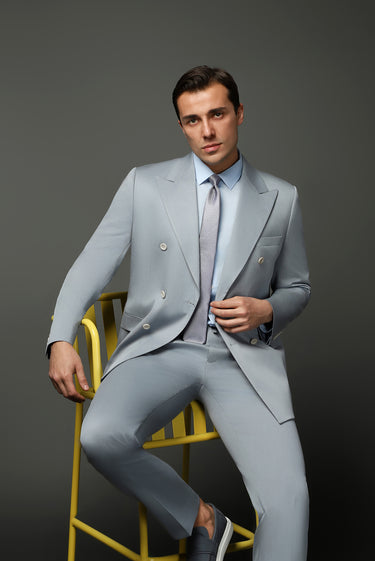 Bulut Gri Slim Fit Dar Kesim Pamuklu Lyocell Kruvaze Takım Elbise