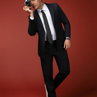 Siyah Lacivert Slim Fit Dar Kesim Pamuklu Lyocell Kruvaze Takım Elbise