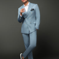 Açık Mavi Slim Fit Dar Kesim Pamuklu Lyocell Kruvaze Takım Elbise