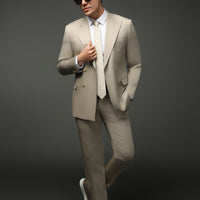 Orta Bej Super Slim Fit Ekstra Dar Kesim Pamuklu Lyocell Kruvaze Takım Elbise