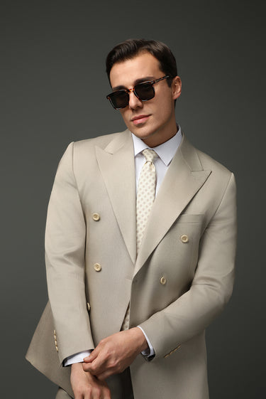 Orta Bej Slim Fit Dar Kesim Pamuklu Lyocell Kruvaze Takım Elbise