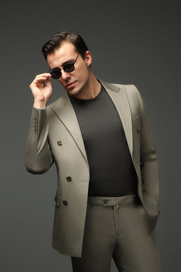 Açık Haki Slim Fit Dar Kesim Pamuklu Lyocell Kruvaze Takım Elbise