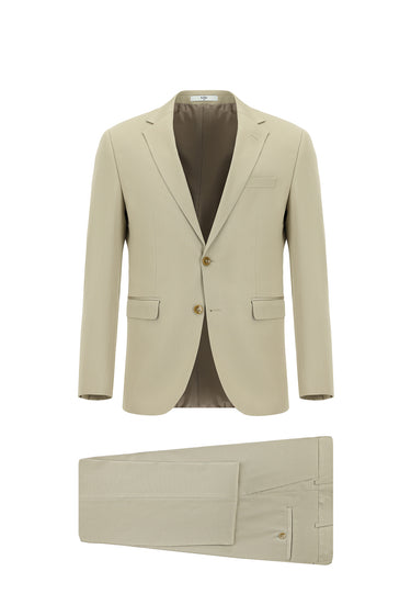 Orta Bej Slim Fit Dar Kesim Pamuklu Lyocell Klasik Takım Elbise