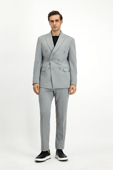 Açık Gri Slim Fit Dar Kesim Kruvaze Takım Elbise