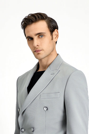 Açık Gri Slim Fit Dar Kesim Kruvaze Takım Elbise