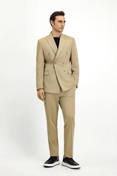 Açık Bej Slim Fit Dar Kesim Kruvaze Takım Elbise