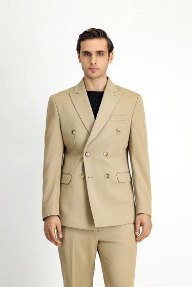 Açık Bej Slim Fit Dar Kesim Kruvaze Takım Elbise