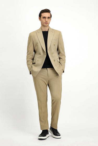 Açık Bej Slim Fit Dar Kesim Kruvaze Takım Elbise