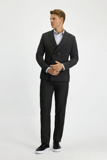 Koyu Antrasit Slim Fit Dar Kesim Kruvaze Takım Elbise